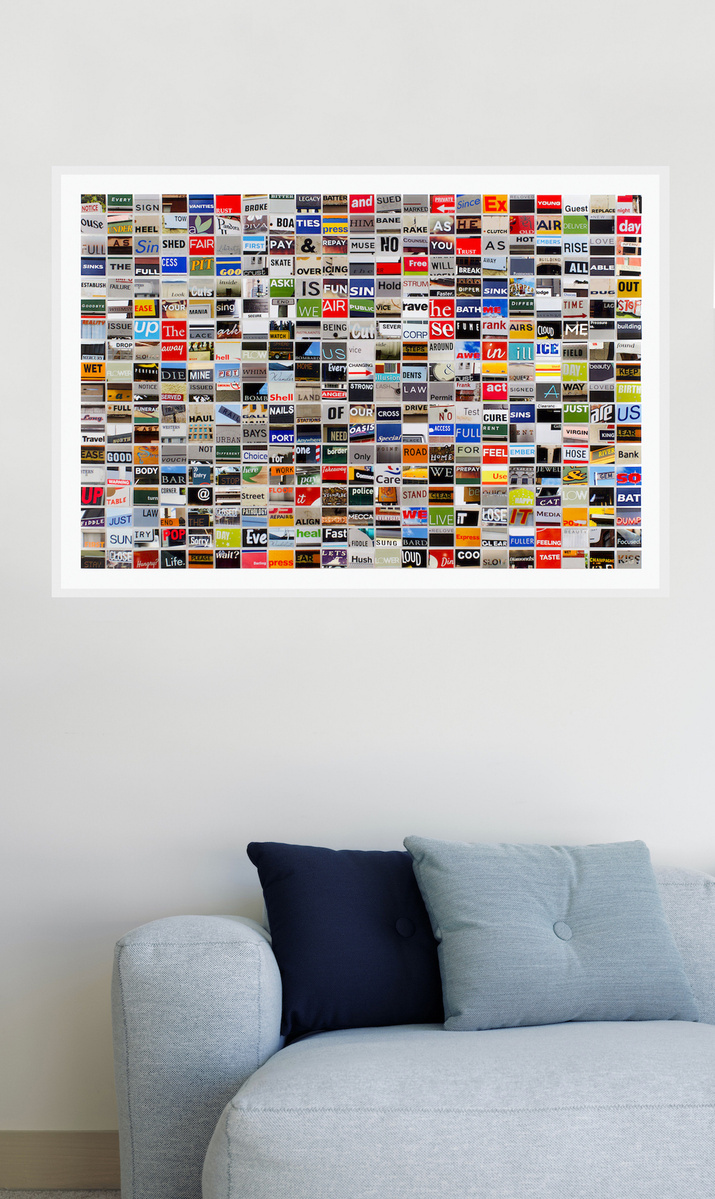 In-situ art with blue sofa Notice Every Sign photographic grid of hand cut prints of street signage words by contemporary visual artist Diane Allison HALLISON Studios in Tasmania.  Grid of words is a type of narrative, concrete poetry, poem, prose.