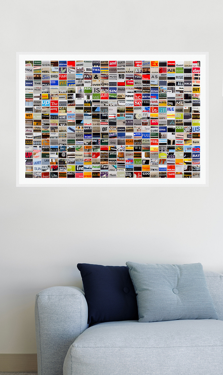 In-situ art with blue sofa Notice Every Sign photographic grid of hand cut prints of street signage words by contemporary visual artist Diane Allison HALLISON Studios in Tasmania.  Grid of words is a type of narrative, concrete poetry, poem, prose.