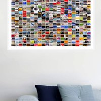 In-situ art with blue sofa Notice Every Sign photographic grid of hand cut prints of street signage words by contemporary visual artist Diane Allison HALLISON Studios in Tasmania.  Grid of words is a type of narrative, concrete poetry, poem, prose.