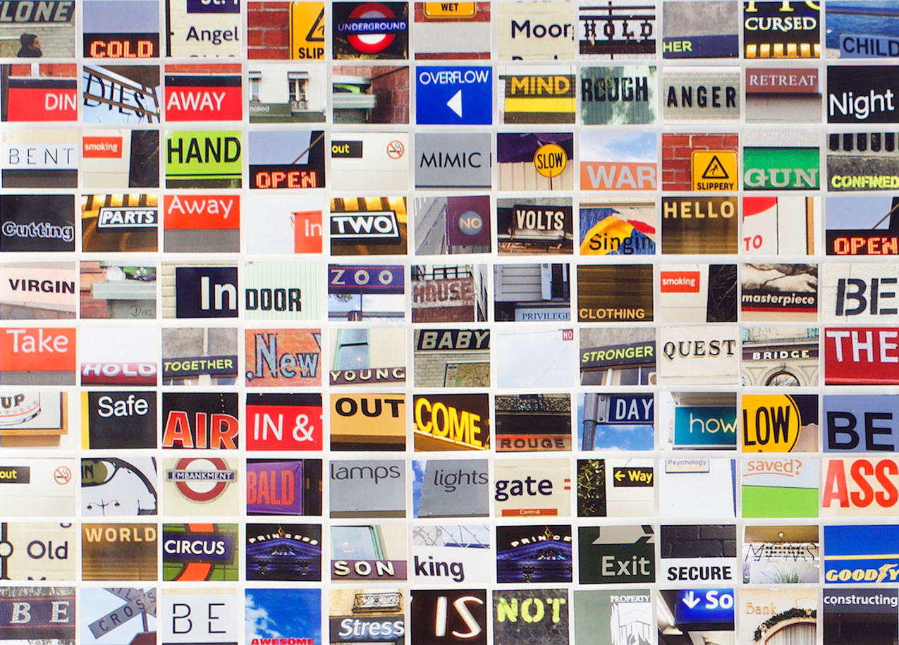 Close up detail of contemporary art  called Lone Cold Angel - a grid of small hand cut photos of street signage words by visual artist Diane Allison HALLISON Studios Tasmania.  Colourful grid of words is a type of narrative, concrete poetry, poem, prose.
