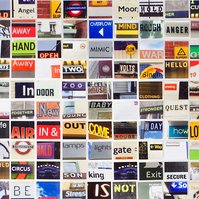 Close up detail of contemporary art  called Lone Cold Angel - a grid of small hand cut photos of street signage words by visual artist Diane Allison HALLISON Studios Tasmania.  Colourful grid of words is a type of narrative, concrete poetry, poem, prose.