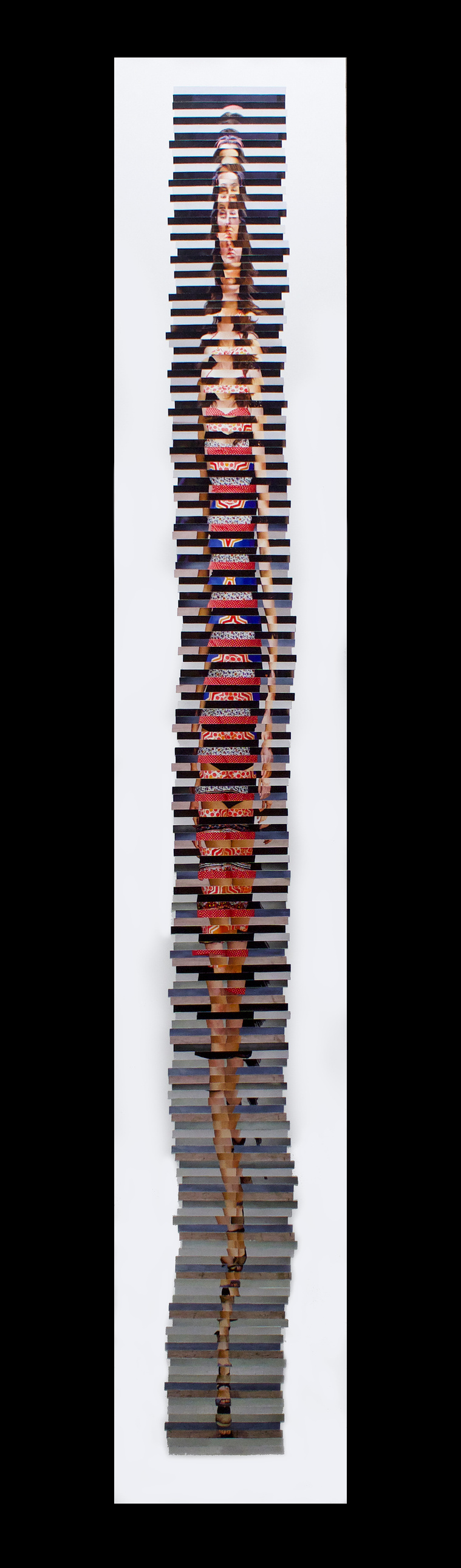 Five Foot Nine 5'9 is a collage of sliced photographic self portraits of the artist in catwalk poses arranged to the height of a fashion model. Made by visual artist Diane Allison, HALLISON Studios, Tasmania/lutruwita