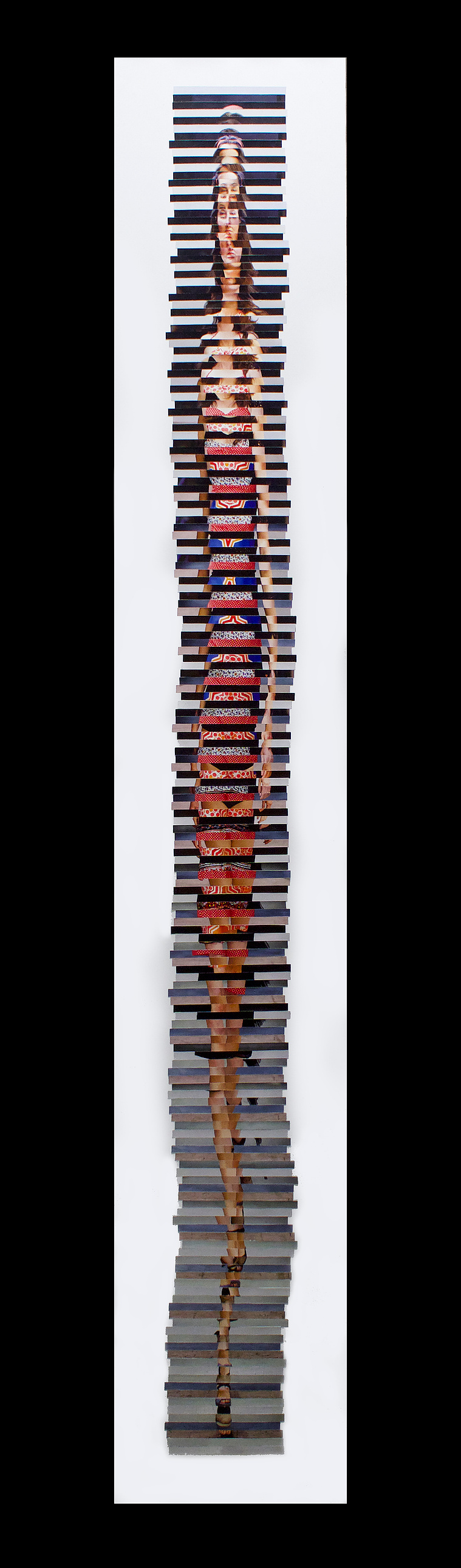 Five Foot Nine 5'9 is a collage of sliced photographic self portraits of the artist in catwalk poses arranged to the height of a fashion model. Made by visual artist Diane Allison, HALLISON Studios, Tasmania/lutruwita