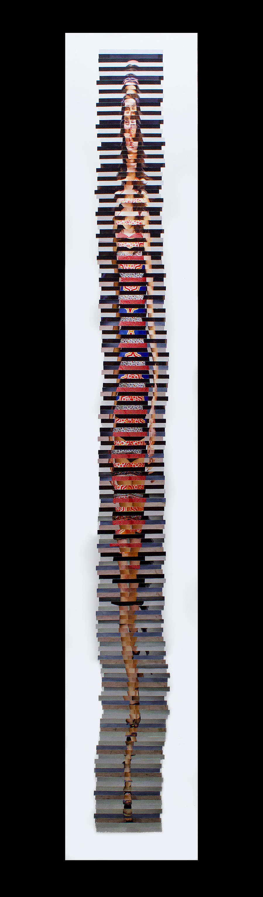 Five Foot Nine 5'9" - an analogue collage of self portraits of the artist in faux fashion model catwalk poses sliced and arranged to the average height of a fashion model.  By Australian contemporary visual artist Diane Allison, HALLISON Studios, Tasmania