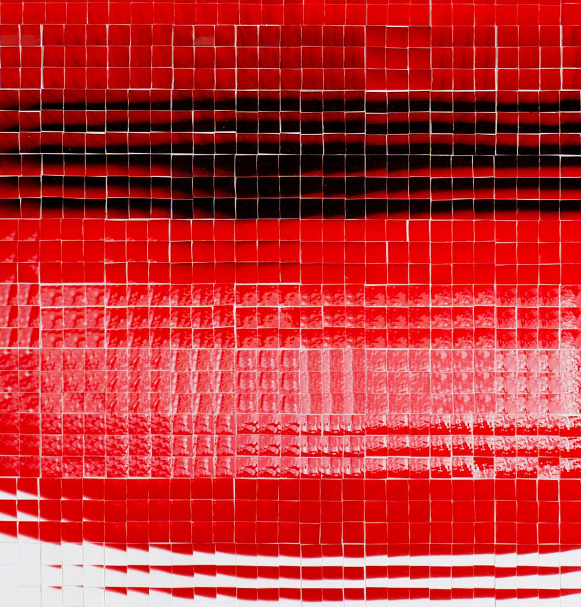 Close up detail of Pout #4 a large collage of hand cut photographs of the artist's red lips, wearing lipstick, arranged to form one large mouth on a white background.  Made by Tasmanian contemporary visual artist Di Allison, HALLISON Studios.