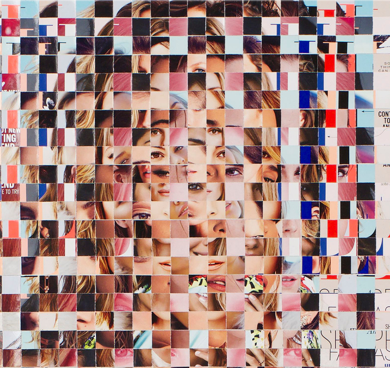 In-situ art in living room with leather couch, Fake Muse #2 a large collage by Tasmanian contemporary visual artist Diane Allison, HALLISON Studios made of hand cut squares of Elle fashion magazine covers which form a large up scaled magazine cover.