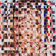 In-situ art in living room with leather couch, Fake Muse #2 a large collage by Tasmanian contemporary visual artist Diane Allison, HALLISON Studios made of hand cut squares of Elle fashion magazine covers which form a large up scaled magazine cover.