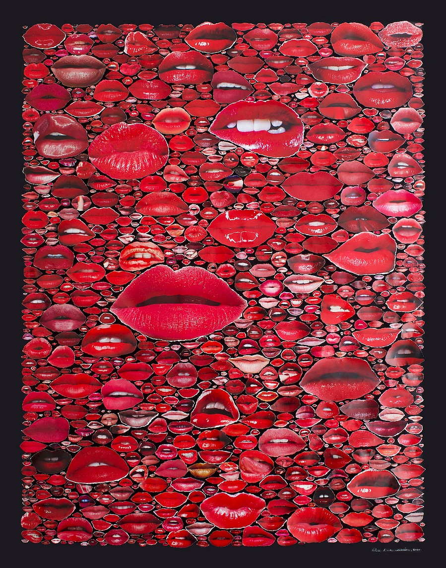 Gloss is a large, densely filled collage of bright lipstick red lips, en masse, hand torn from fashion magazines such as Elle, Harpers Bazaar, Vogue, on a black background by contemporary Australian visual artist Diane Allison, HALLISON Studios, Tasmania.
