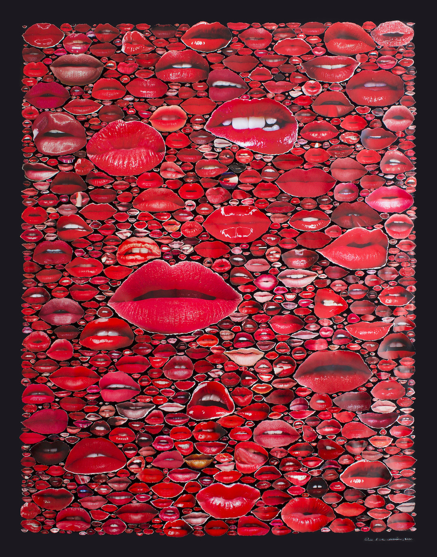 Gloss is a large, densely filled collage of bright lipstick red lips, en masse, hand torn from fashion magazines such as Elle, Harpers Bazaar, Vogue, on a black background by contemporary Australian visual artist Diane Allison, HALLISON Studios, Tasmania.