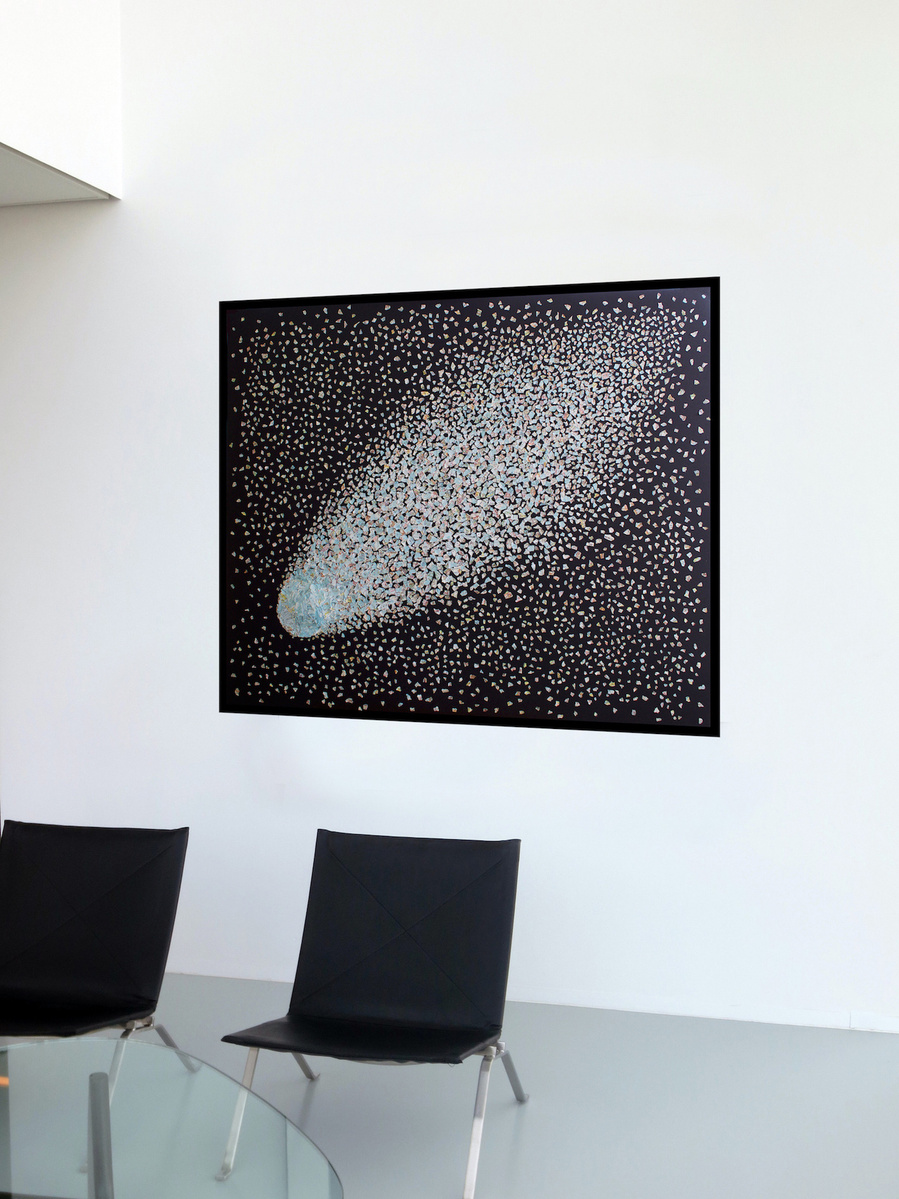 Dust to Dust is a large collage by visual artist Di Allison HALLISON Studios, Tasmania.  Contemporary art of a National Geographic magazine world map ripped into small pieces like a comet in a night sky. In-situ on an white office or dining room wall.
