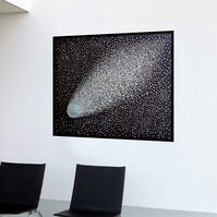 Dust to Dust is a large collage by visual artist Di Allison HALLISON Studios, Tasmania.  Contemporary art of a National Geographic magazine world map ripped into small pieces like a comet in a night sky. In-situ on an white office or dining room wall.