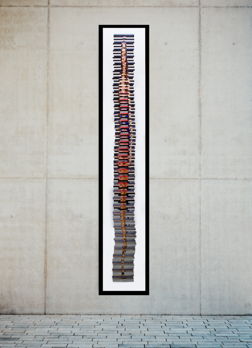 Five Foot Nine 5'9 is a collage of sliced photographic self portraits in catwalk poses arranged to the height of a fashion model. In-situ on an industrial style concrete gallery wall. Visual art by artist Diane Allison HALLISON Studios, Tasmania/lutruwita