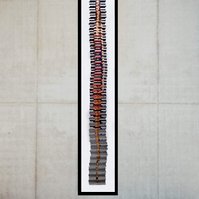 Five Foot Nine 5'9 is a collage of sliced photographic self portraits in catwalk poses arranged to the height of a fashion model. In-situ on an industrial style concrete gallery wall. Visual art by artist Diane Allison HALLISON Studios, Tasmania/lutruwita