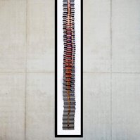 Five Foot Nine 5'9 is a collage of sliced photographic self portraits in catwalk poses arranged to the height of a fashion model. In-situ on an industrial style concrete gallery wall. Visual art by artist Diane Allison HALLISON Studios, Tasmania/lutruwita
