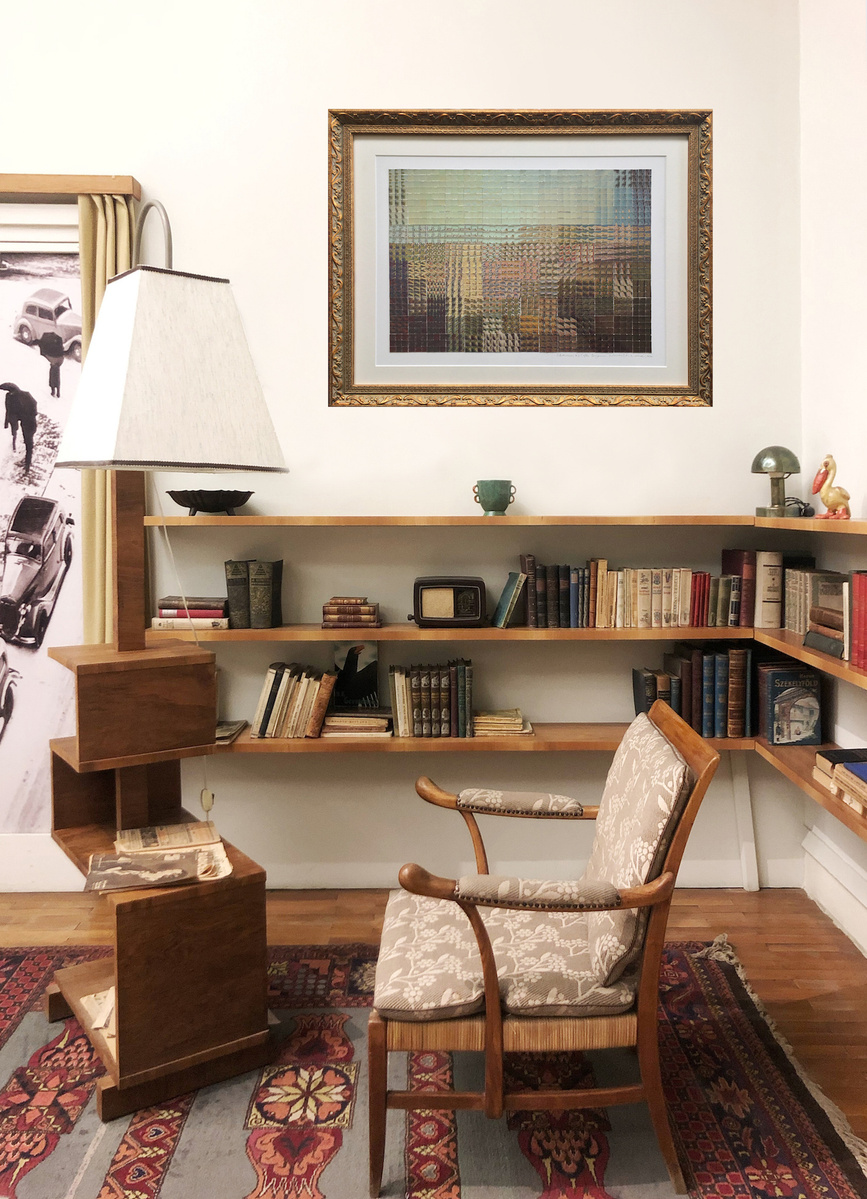 In-situ art Subdivision #2  collage by visual artist Diane Allison, HALLISON Studios, Tasmania/lutruwita. Cut up vintage TMAG postcards of 1830s nipaluna/Hobart Town colonial painting by Benjamin Duterrau form a large scaled up image in gold ornate frame.