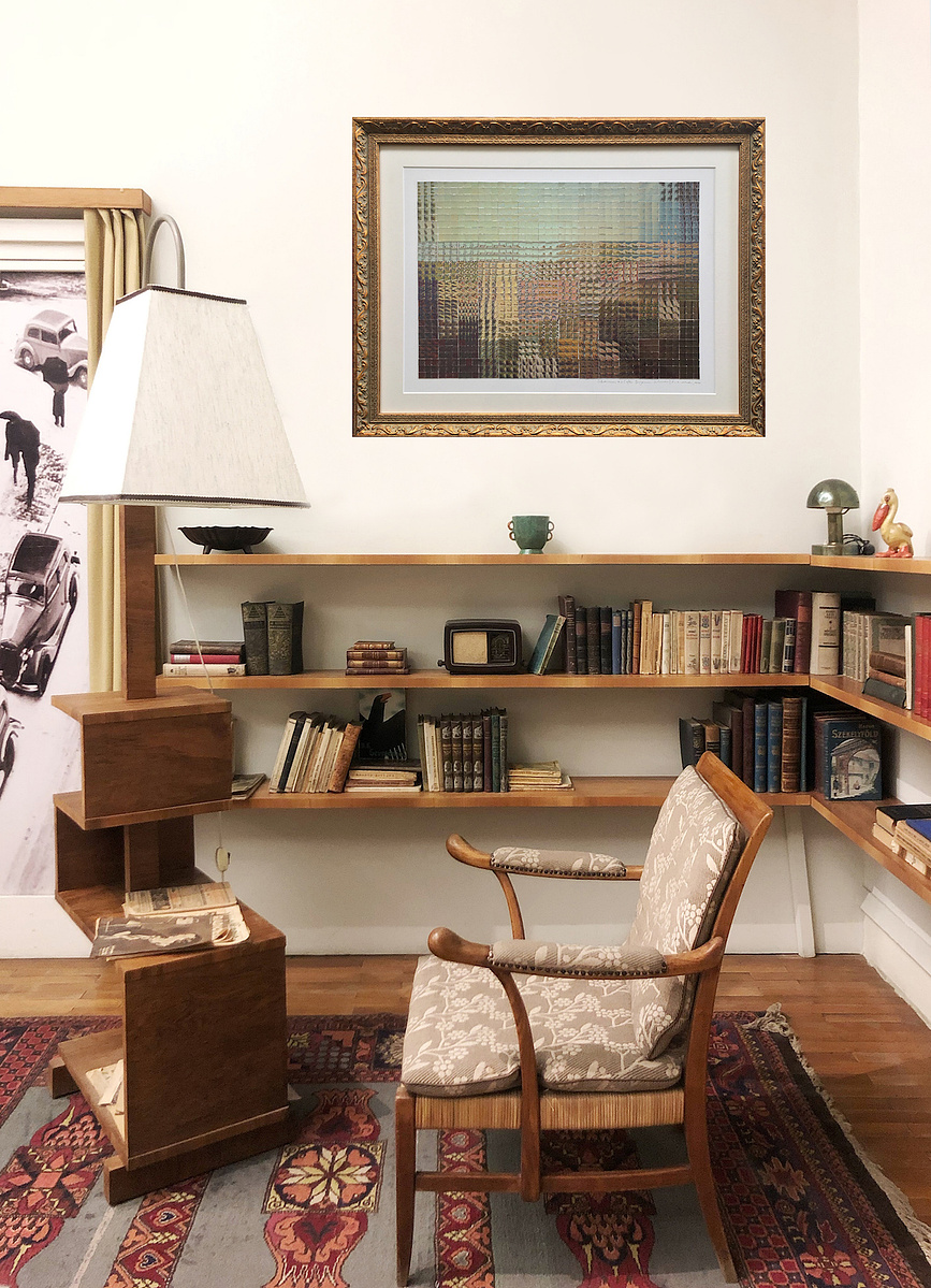 In-situ art Subdivision #2  collage by visual artist Diane Allison, HALLISON Studios, Tasmania/lutruwita. Cut up vintage TMAG postcards of 1830s nipaluna/Hobart Town colonial painting by Benjamin Duterrau form a large scaled up image in gold ornate frame.