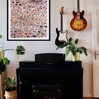 Large collage artwork by Tasmanian contemporary artist Diane Allison of HALLISON Studios of dozens of hand torn images of underside down eyes from fashion magazines ground entitled Glare. Art in-situ in an apartment music room with piano, guitars & plants