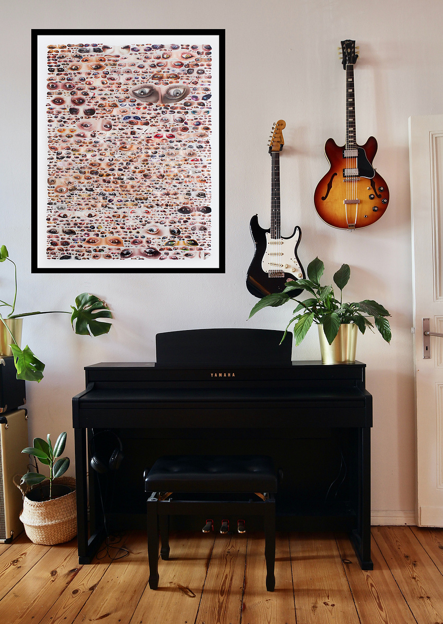 Large collage artwork by Tasmanian contemporary artist Diane Allison of HALLISON Studios of dozens of hand torn images of underside down eyes from fashion magazines ground entitled Glare. Art in-situ in an apartment music room with piano, guitars & plants