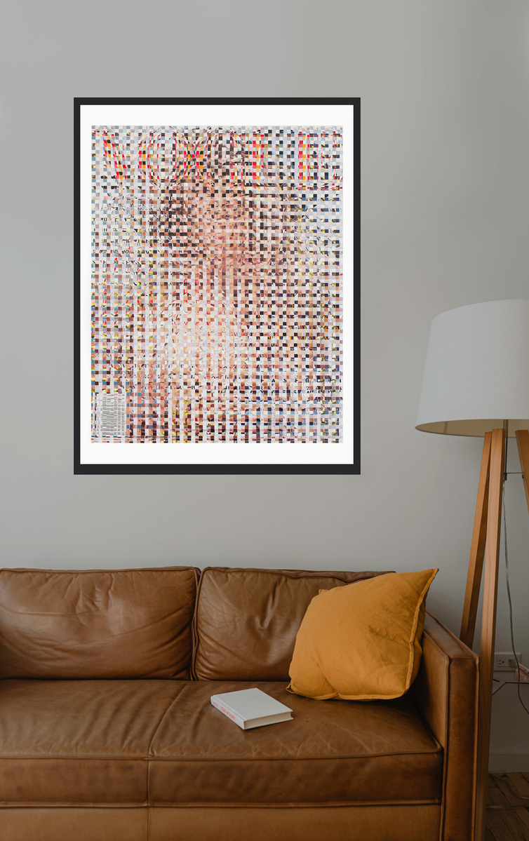 In-situ art in living room with leather couch, Fake Muse #1 a large collage by Tasmanian contemporary visual artist Diane Allison, HALLISON Studios made of hand cut squares of Vogue fashion magazine covers which form a large up scaled magazine cover.