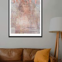 In-situ art in living room with leather couch, Fake Muse #1 a large collage by Tasmanian contemporary visual artist Diane Allison, HALLISON Studios made of hand cut squares of Vogue fashion magazine covers which form a large up scaled magazine cover.