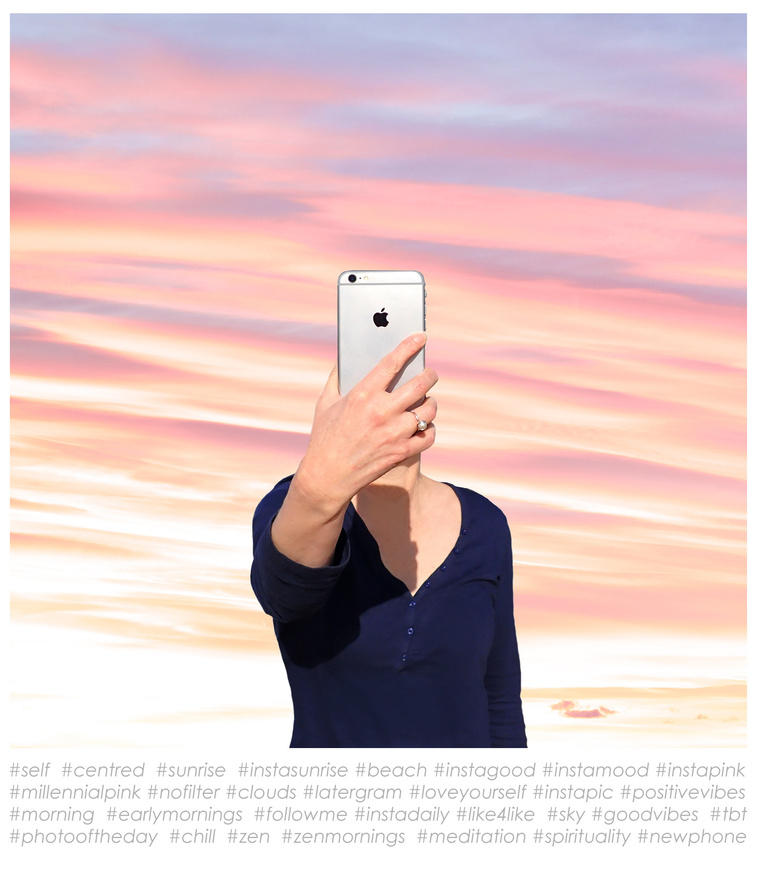 Fine art photography, Diane Allison, HALLISON Studios, Tasmania, online gallery store. Portrait with Apple iphone held in front of the woman's face with a millennial pink sunrise behind, entitled #self #centred. List of instagram hash tags below her.