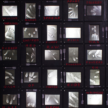 Blake Art Prize finalist. Kinetic artwork by Tasmanian artist Patrick Hall, HALLISON Studios, featuring black and white photographic images and shadow of hands and fingers.