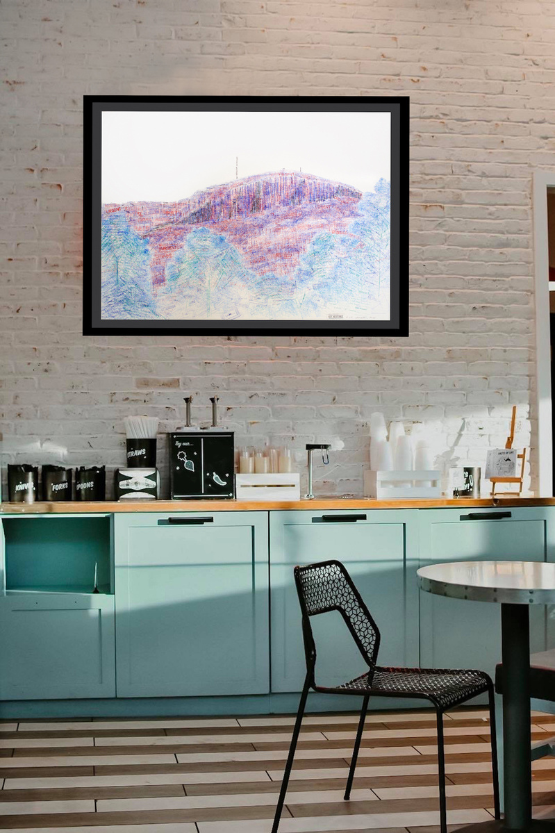 In-situ contemporary art in a kitchen. Diane Allison, HALLISON Studios, Tasmania. Business stamps eg not negotiable, urgent, paid, fragile, on paper, shaped like Kunanyi Mt. Wellington in blue, red, green, black - environmental art, cable car debate.  