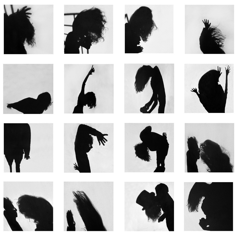 Fine art photography by Di Allison, HALLISON Studios, online gallery store, black and white photography of strange portraits,  human figures - a man and woman, distorted in a grid of 16 images, called Muted Shadows.