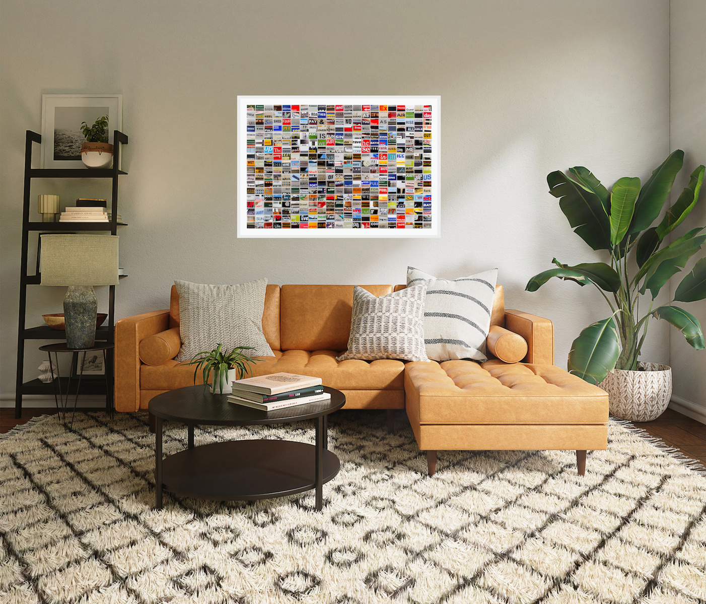 In-situ art with midcentury couch Notice Every Sign photographic grid of hand cut prints of street signage words by contemporary visual artist Diane Allison HALLISON Studios in Tasmania.  Grid of words is a type of narrative, concrete poetry, poem, prose.
