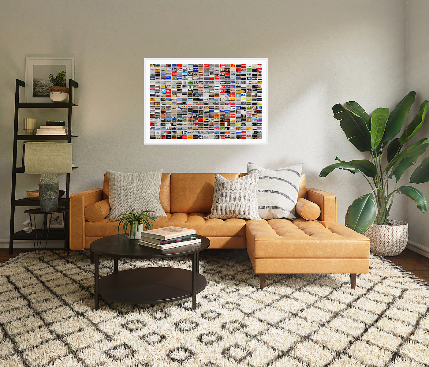 In-situ art with midcentury couch Notice Every Sign photographic grid of hand cut prints of street signage words by contemporary visual artist Diane Allison HALLISON Studios in Tasmania.  Grid of words is a type of narrative, concrete poetry, poem, prose.