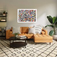 In-situ art with midcentury couch Notice Every Sign photographic grid of hand cut prints of street signage words by contemporary visual artist Diane Allison HALLISON Studios in Tasmania.  Grid of words is a type of narrative, concrete poetry, poem, prose.