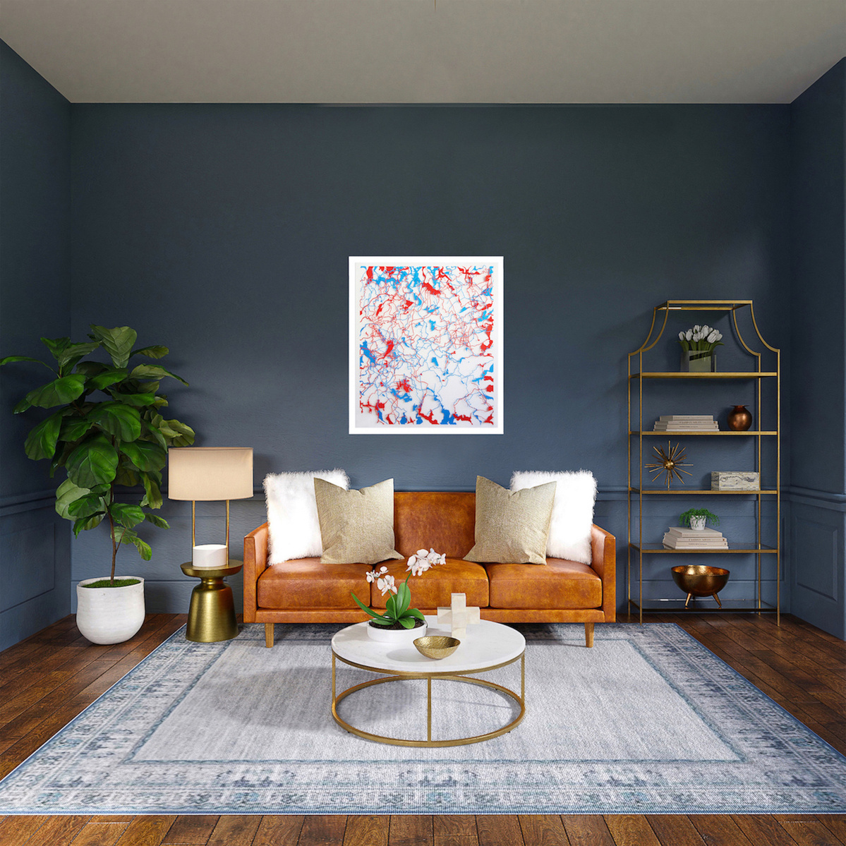 Contemporary art in-situ blue living room with leather sofa. Body of Water, Tasmanian artist Di Allison  Hallison Studios.Tasmanian rivers as cut paper of blue and red, white background. Suggestive of body's circulatory system. Glover Art Prize finalist