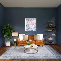 Contemporary art in-situ blue living room with leather sofa. Body of Water, Tasmanian artist Di Allison  Hallison Studios.Tasmanian rivers as cut paper of blue and red, white background. Suggestive of body's circulatory system. Glover Art Prize finalist