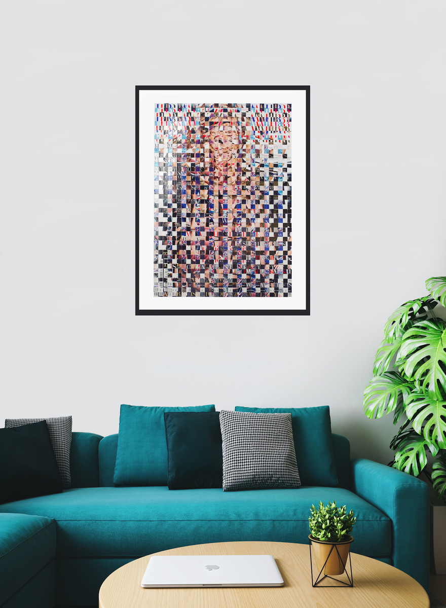 In-situ art in living room with green couch, Fake Muse #3 a large collage by Tasmanian contemporary visual artist Diane Allison, HALLISON Studios made of hand cut squares of Harpers Bazaar fashion magazines which form a large up scaled magazine cover.