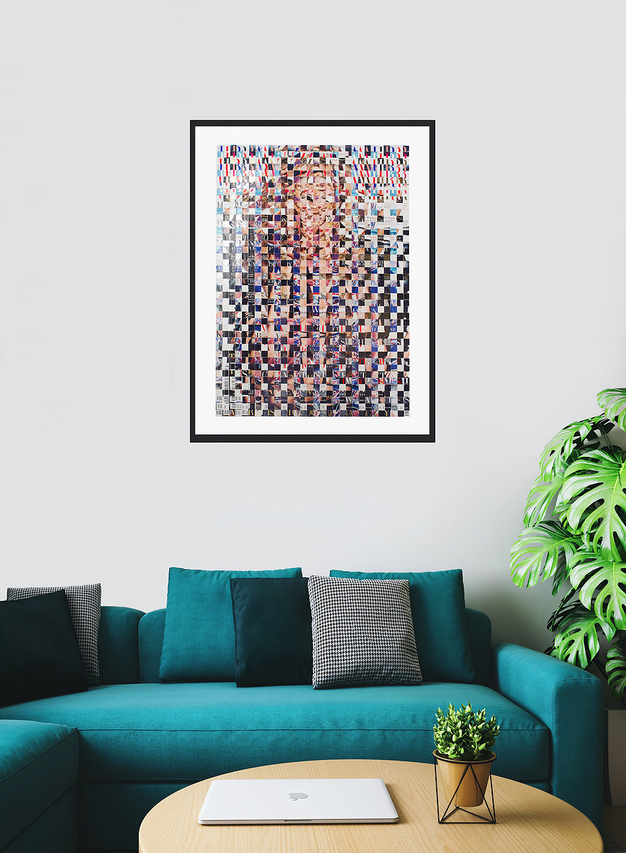 In-situ art in living room with green couch, Fake Muse #3 a large collage by Tasmanian contemporary visual artist Diane Allison, HALLISON Studios made of hand cut squares of Harpers Bazaar fashion magazines which form a large up scaled magazine cover.