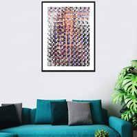 In-situ art in living room with green couch, Fake Muse #3 a large collage by Tasmanian contemporary visual artist Diane Allison, HALLISON Studios made of hand cut squares of Harpers Bazaar fashion magazines which form a large up scaled magazine cover.