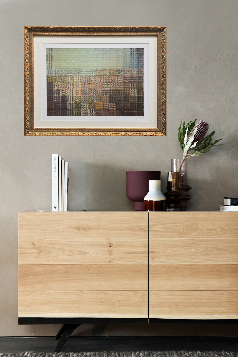 In-situ art Subdivision #2  collage by visual artist Diane Allison, HALLISON Studios, Tasmania/lutruwita. Cut up vintage TMAG postcards of 1830s nipaluna/Hobart Town colonial painting by Benjamin Duterrau form a large scaled up image in gold ornate frame.