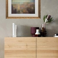 In-situ art Subdivision #2  collage by visual artist Diane Allison, HALLISON Studios, Tasmania/lutruwita. Cut up vintage TMAG postcards of 1830s nipaluna/Hobart Town colonial painting by Benjamin Duterrau form a large scaled up image in gold ornate frame.