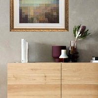 In-situ art Subdivision #2  collage by visual artist Diane Allison, HALLISON Studios, Tasmania/lutruwita. Cut up vintage TMAG postcards of 1830s nipaluna/Hobart Town colonial painting by Benjamin Duterrau form a large scaled up image in gold ornate frame.