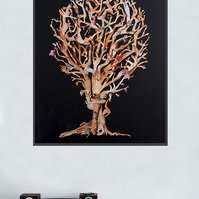 Art in-situ with record player. Hand Hold a large contemporary art collage by Tasmanian visual artist Diane Allison HALLISON Studios, hands & arms from fashion magazines Vogue Harpers Bazaar Elle Marie Claire Net-a-Porter, form a tree on black background.