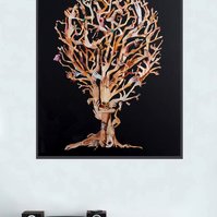 Art in-situ with record player. Hand Hold a large contemporary art collage by Tasmanian visual artist Diane Allison HALLISON Studios, hands & arms from fashion magazines Vogue Harpers Bazaar Elle Marie Claire Net-a-Porter, form a tree on black background.