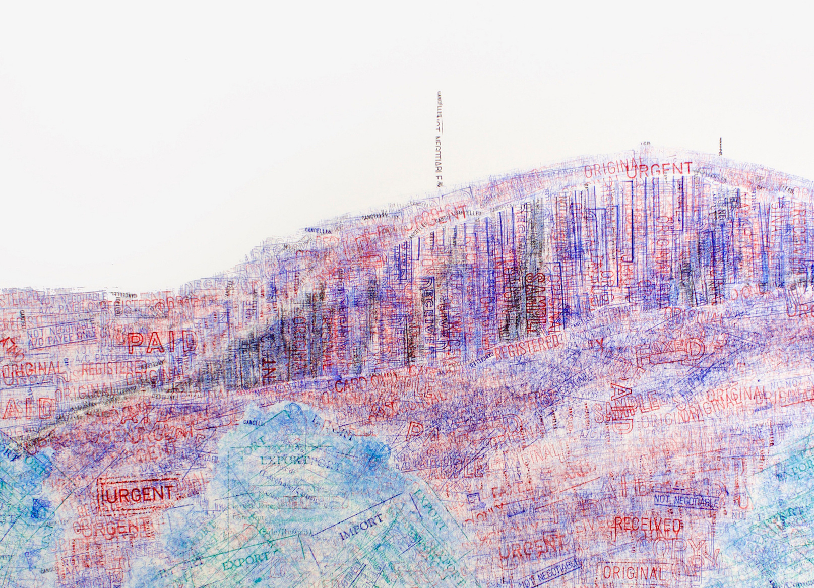 Detail, close up of contemporary art by Di Allison, HALLISON Studios, Tasmania. Business stamps eg not negotiable, urgent, paid, fragile, on paper, shaped like Kunanyi Mt. Wellington in blue, red, green, black - environmental art, cable car debate.  