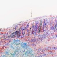 Detail, close up of contemporary art by Di Allison, HALLISON Studios, Tasmania. Business stamps eg not negotiable, urgent, paid, fragile, on paper, shaped like Kunanyi Mt. Wellington in blue, red, green, black - environmental art, cable car debate.  