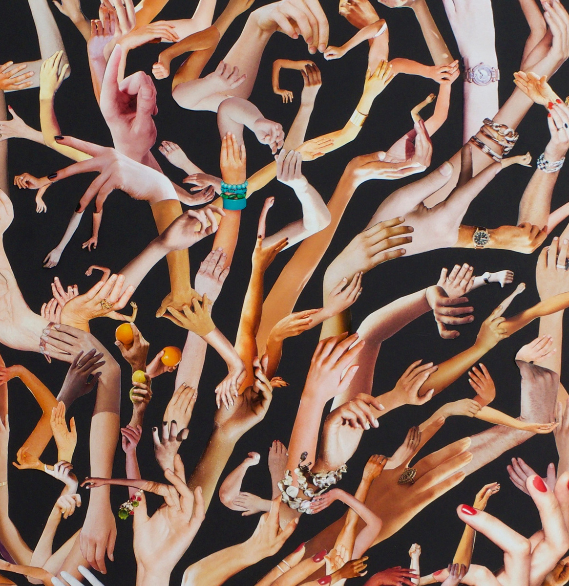 Close up, detail image of Hand Hold, large contemporary art collage by Tasmanian visual artist Diane Allison, HALLISON Studios, hands & arms from fashion magazines Vogue, Harpers Bazaar, Elle, Marie Claire, Net-a-Porter, form a tree on a black background.