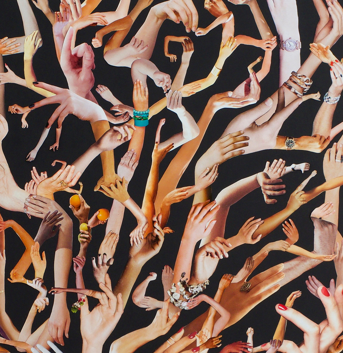 Close up, detail image of Hand Hold, large contemporary art collage by Tasmanian visual artist Diane Allison, HALLISON Studios, hands & arms from fashion magazines Vogue, Harpers Bazaar, Elle, Marie Claire, Net-a-Porter, form a tree on a black background.