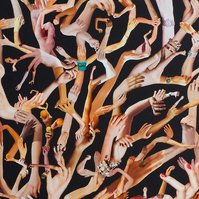 Close up, detail image of Hand Hold, large contemporary art collage by Tasmanian visual artist Diane Allison, HALLISON Studios, hands & arms from fashion magazines Vogue, Harpers Bazaar, Elle, Marie Claire, Net-a-Porter, form a tree on a black background.