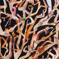 Close up, detail image of Hand Hold, large contemporary art collage by Tasmanian visual artist Diane Allison, HALLISON Studios, hands & arms from fashion magazines Vogue, Harpers Bazaar, Elle, Marie Claire, Net-a-Porter, form a tree on a black background.