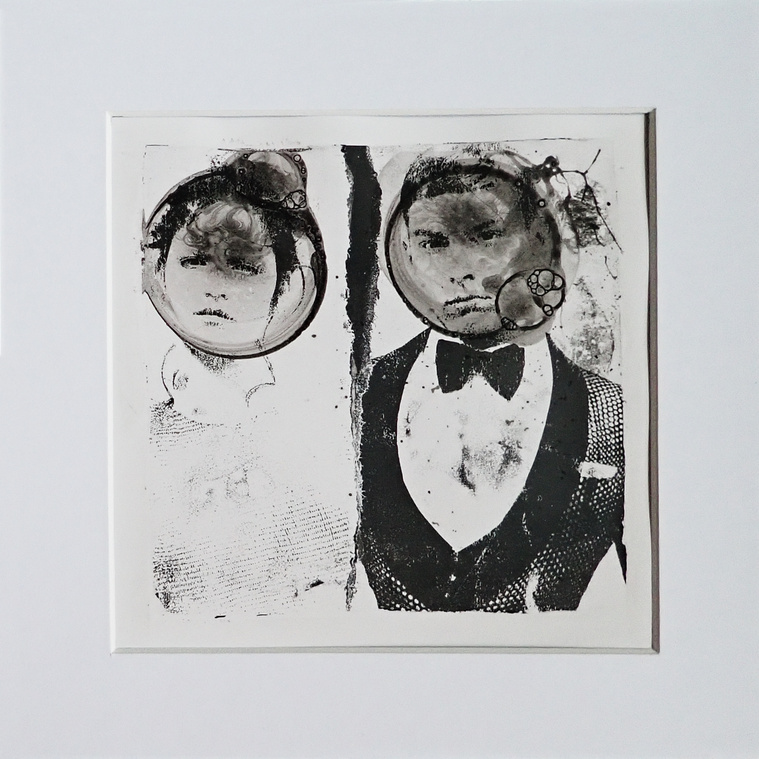 Distant #2 a black and white mixed media fine art monoprint by contemporary artist Diane Allison, HALLISON Studios, Tasmania, online gallery store. Features images of people, portraits and Indian ink.