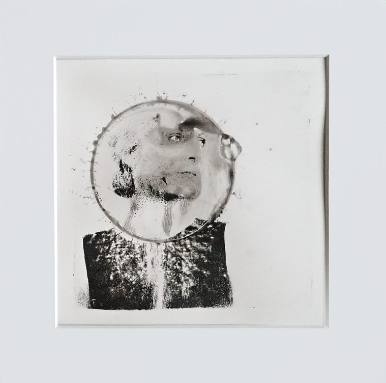 Distant #3 a black and white mixed media fine art monoprint by contemporary artist Diane Allison, HALLISON Studios, Tasmania, online gallery store. Features distorted image of a woman, portrait and Indian ink.