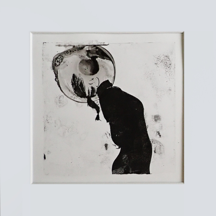 Distant #3 a black and white mixed media fine art monoprint by contemporary artist Diane Allison, HALLISON Studios, Tasmania, online gallery store. Features distorted image of a woman looking up, portrait and Indian ink.